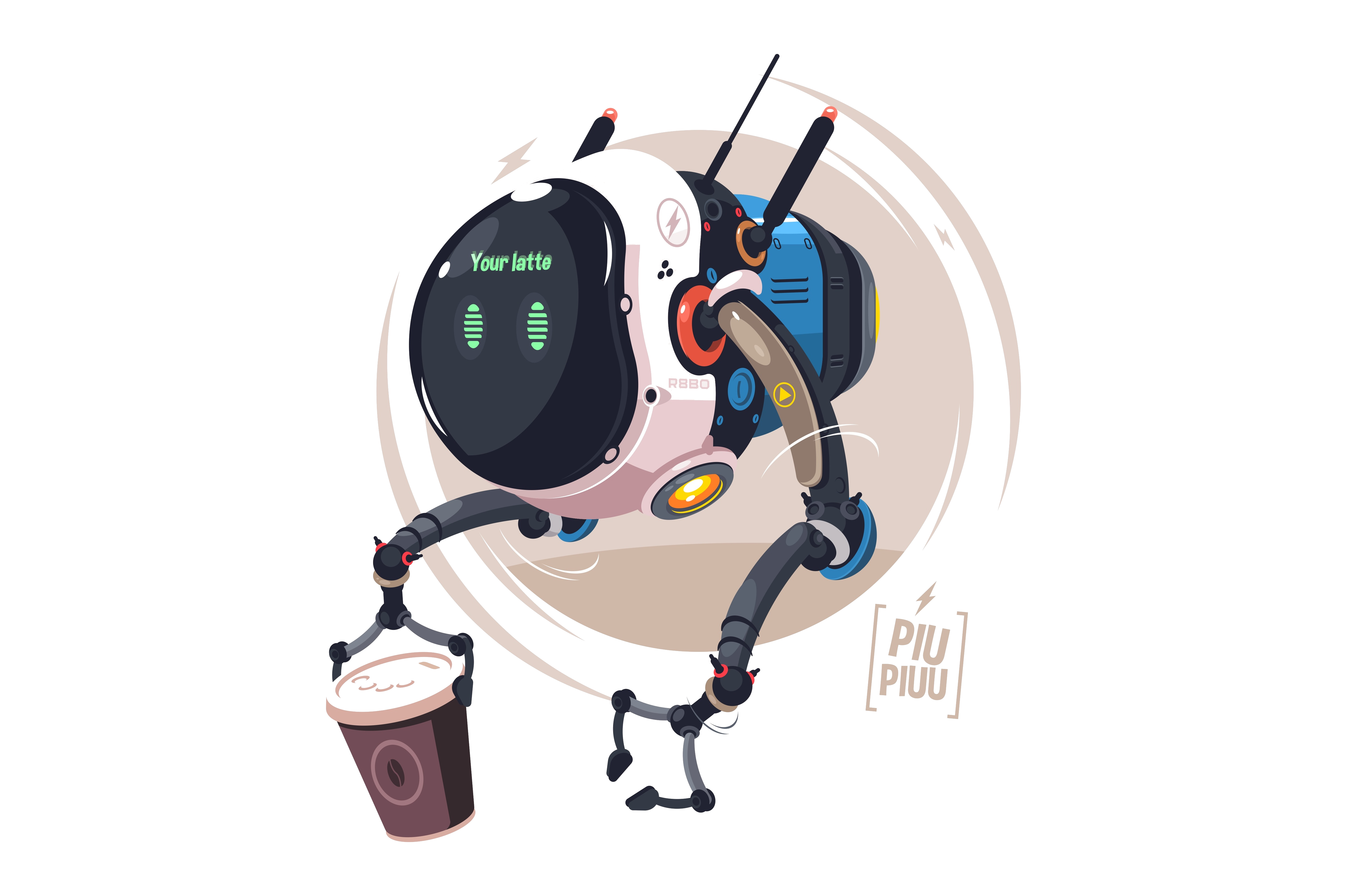Cartoon flying robot delivering a latte